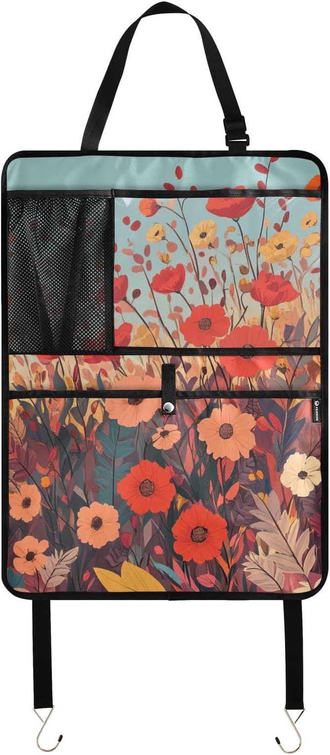 1 Pack Back Seat Car Organizer with Storage Pockets Kick Mats Back Seat Protector Hanging Car Organizer Automotive Seat Back Cover Organizers Autumn Poppy Flowers