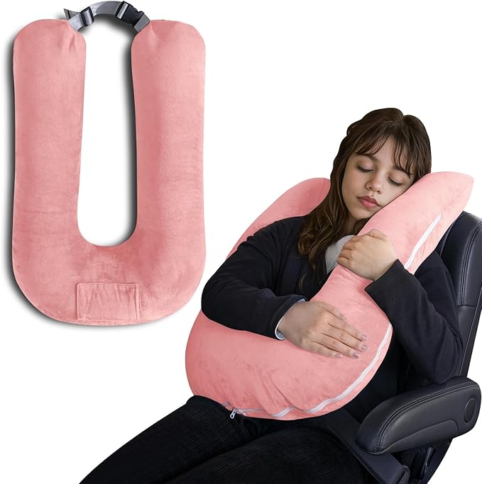 QUEEN ROSE Car Travel Pillow for Sleeping, Adjustable Head Support for Adults & Kids, Breathable Soft Neck Cushion for Road Trips, Machine Washable Cover, Pink