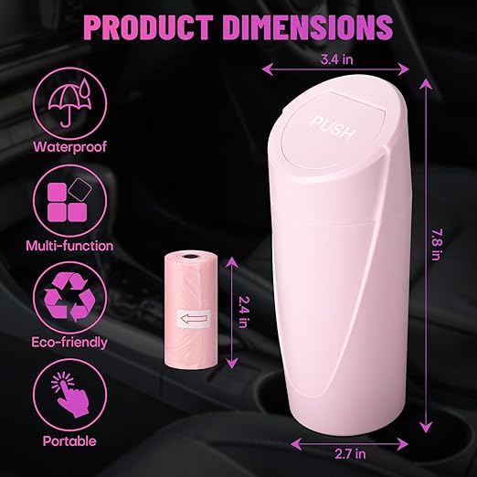 Car Trash Can Bin with Lid - Car Garbage Can Cup Holder - Pink Mini Leakproof Vehicle Garbage Bin with 20pcs Trash Bags - Automobile Organizers and Storage for Front Back Seat Accessories
