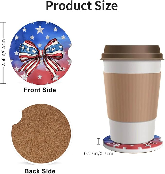Absorbent Car Coasters for Cup Holders, 2 Pack Universal Anti Slip Ceramic Cup Coaster for Women Men 2.56 Inch Car Interior Accessories - Bow Tie Stars and Stripes 019