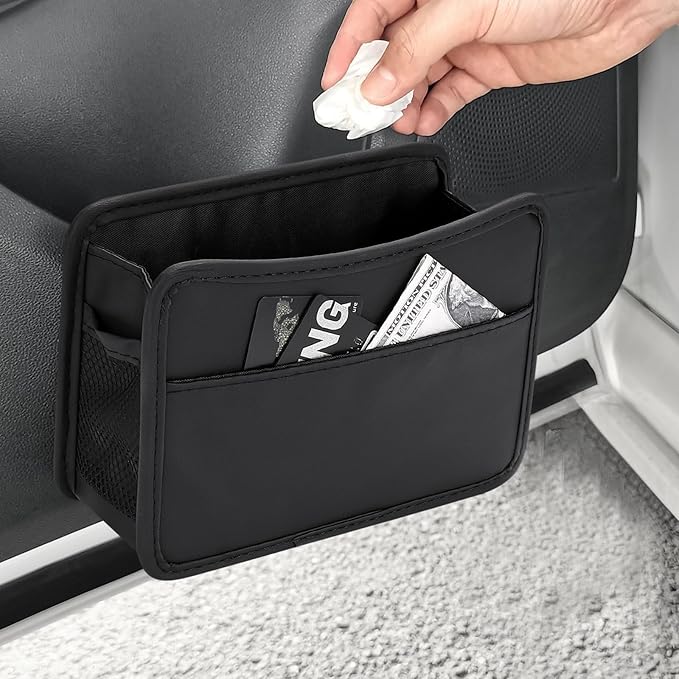 Accmor Collapsible Car Trash Can, Leather Vehicle Garbage Organizer Bin Holder with One Roll Trash Bag, Foldable Hanging Mini Cars Storage Bag Container for Auto, SUV (Black)