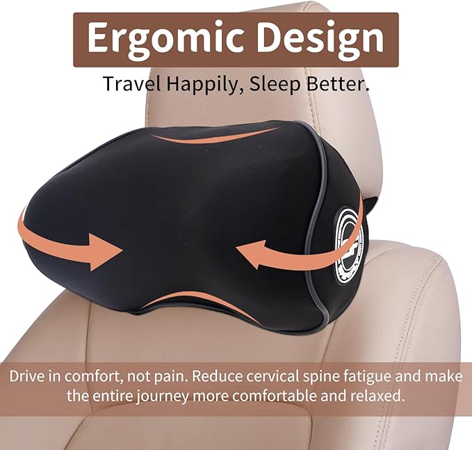2 Pack - Car Headrest Pillow for Neck Support, 100% Memory Foam Car Neck Pillow with Sleep Mask - Universal Fit Head Rest Travel Pillow Car Pillow for Pain Relief While Driving(Contains 2 Eye Masks)