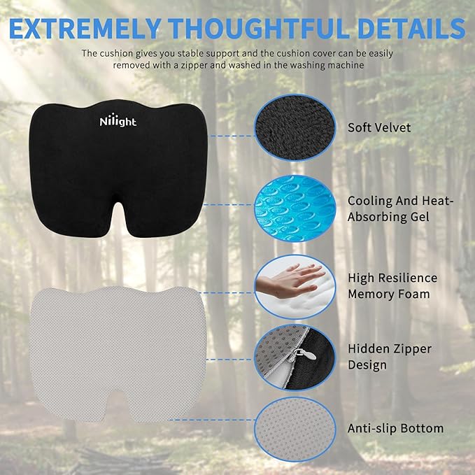Nilight Car Seat Cushion Black Velvet Gel Memory Foam Seats Soft and Comfortable Suitable for Daily Life and Driving Relieves Sciatica and Tailbone Pain Improves Drive Vision