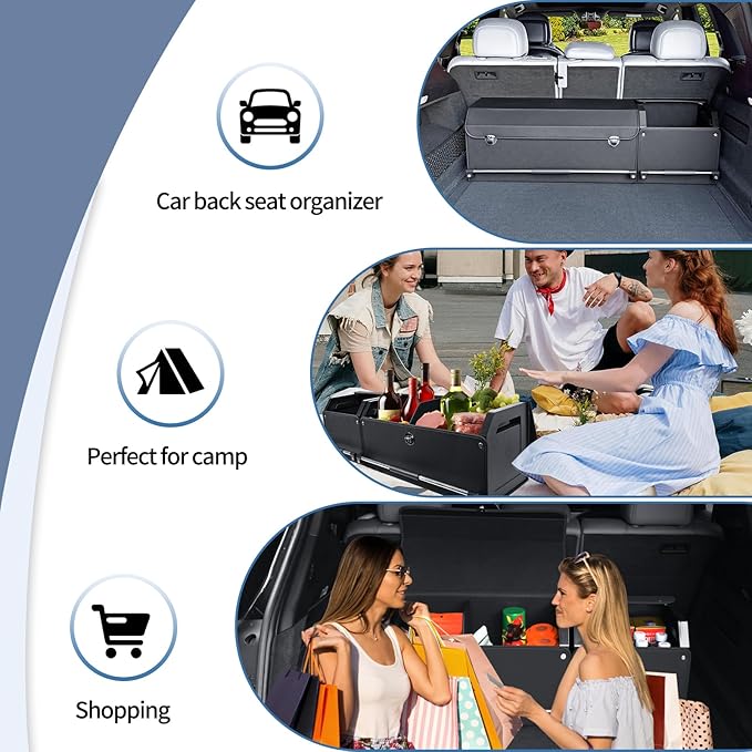 Car Trunk Organizer, Leather Trunk Organizer for SUV with Lid and Sturdy Handle Collapsible Adjustable Storage (Black, 41.6 x 11.4 x 12.2in)