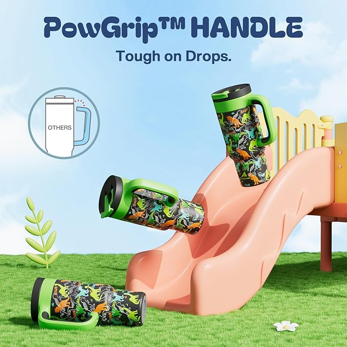 24 oz Kids Tumbler with Straw for Boys: Leakproof, Cold for 26 Hrs, Hot for 10 Hrs, Durable Handle, Insulated Stainless Steel Cup for Daycare, School, Classroom, Playtime, Birthday, Gift (Dino Rawr）