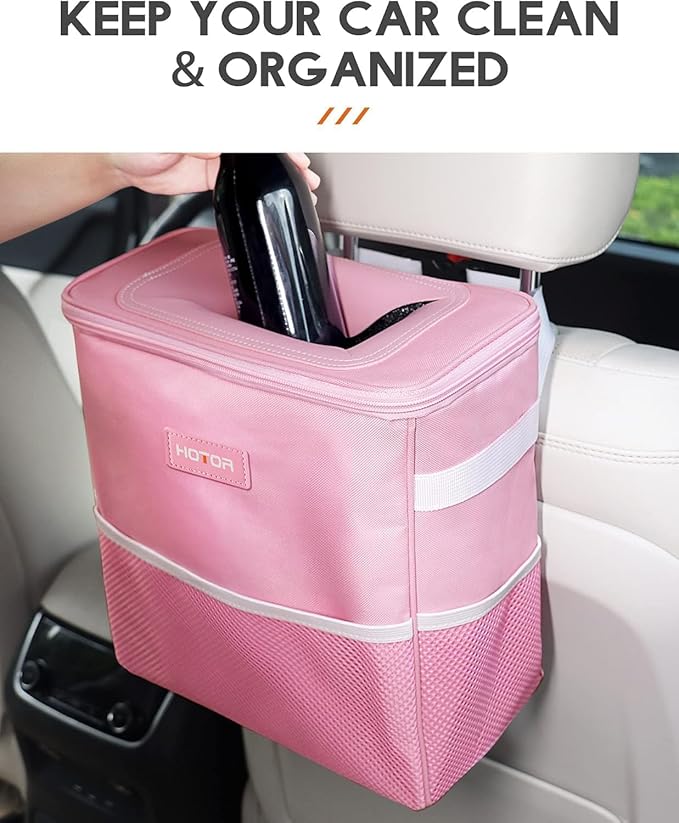 HOTOR Car Trash Can with Lid and Storage Pockets - 100% Leak-Proof Organizer, Waterproof Garbage Can, Multipurpose Trash Bin for Car, 2 Gallons, Pink