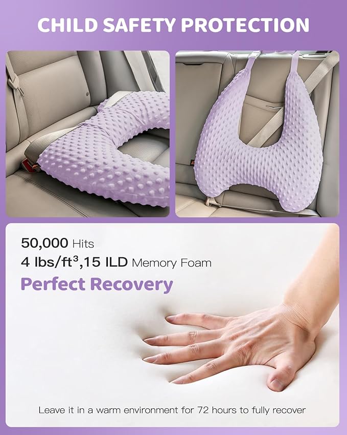 Memory Foam Kids Travel Pillow, Car Pillow for Kids, H-Shape Car Pillows for Sleeping, Removable Pillowcase, Adjustable, Velvet Dots, Purple