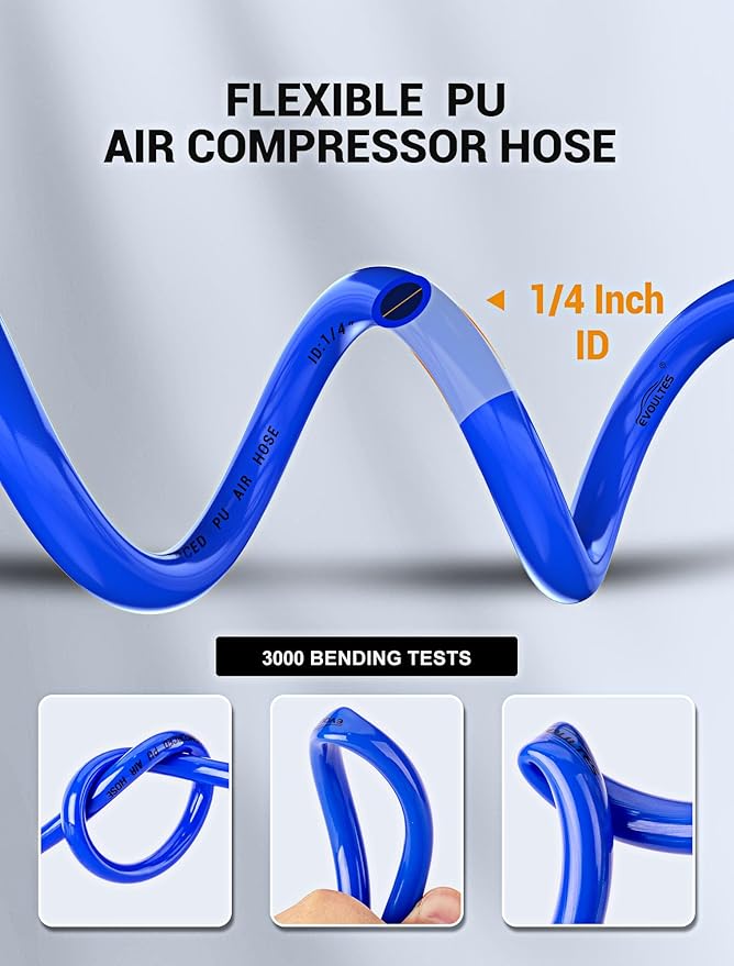 1/4 In x 28 Ft Polyurethane Recoil Air Compressor Hose, Upgraded Air Hose with Repairable Bend Restrictor, Air Hose kit w/ 360° Swivel 1/4" NPT Coupler & Brass Quick Connect Air Fittings
