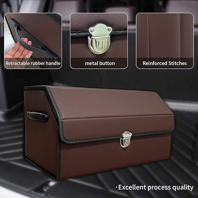 Trunk Organizer for Car With Lid,Foldable Trunk Organizer for SUVs & Sedans,Multi-Functional Leather Storage Box - Brown - Small