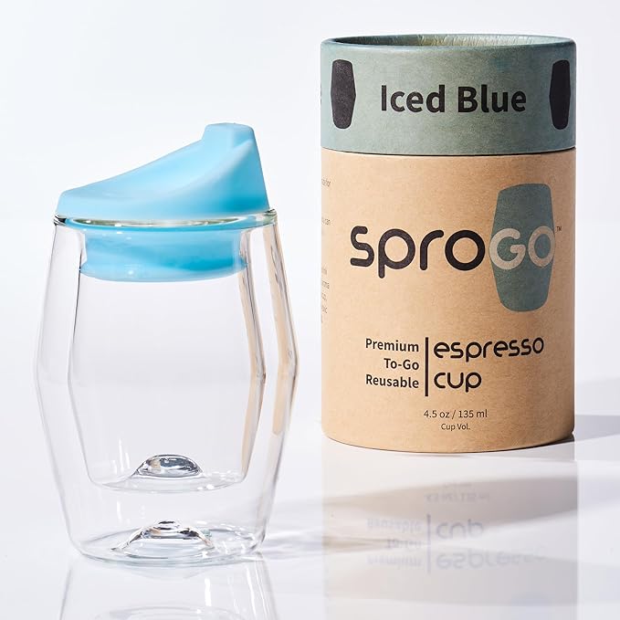 To-Go Espresso Glass Travel Mug with Lid, Reusable Double Wall Glass Tumbler, Fits Most Coffee Makers & Cupholders for Your Car, Gifts for Coffee Lovers, 4.5 oz Cortado Cup, Iced Blue