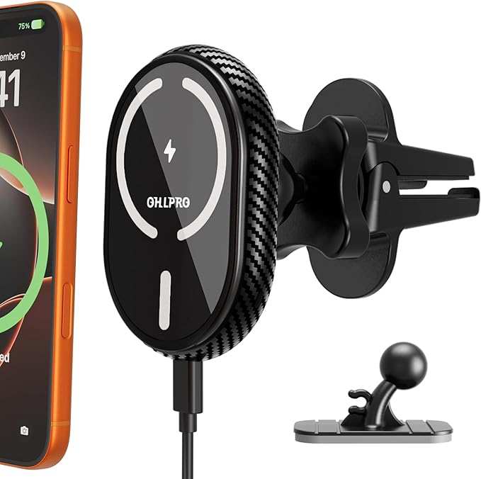 OHLPRO for iPhone 17 Magsafe Car Mount Charger, 15W Fast Charging Magnetic Holder with 3M Adhesive Base for Dashboard, Mag Car Holder for Vent Clip Compatible with iPhone 16/15/14/13 Pro Max, Black