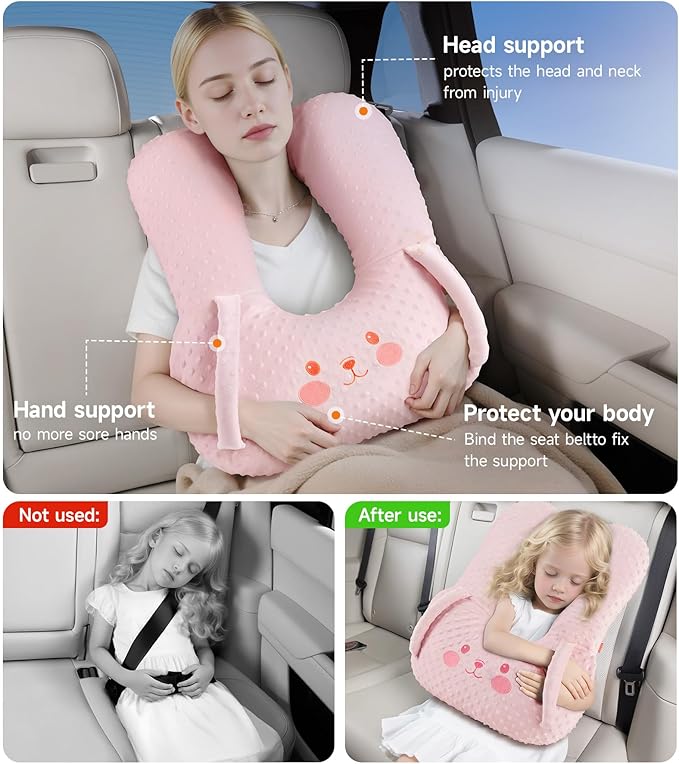 BEBAS U-Shaped Kids Travel Pillow for Car - Comfortable Neck and Head Support Pillow for Sleeping on Long Trips, Cute Cartoon Design, Ideal for Car Seats, Booster and Home Use, Great Gift Idea（Pink）