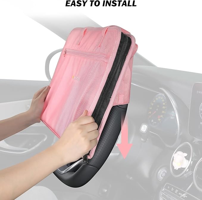 JOYTUTUS 3 in 1 Steering Wheel Eating Tray (Pink), Car Back Seat Laptop Desk, Multifunctional Office Bag Car Work Table for Writing, Car Organizer for Kids, Commuters, Family
