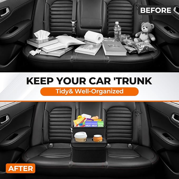 Autorder Car Seat Organizer with 2 Cup Holders - Foldable Universal Rear Bench Seat Console, 21 Qt Large Seat Organizer and Storage, Car Seat Back Storage Box (Black)