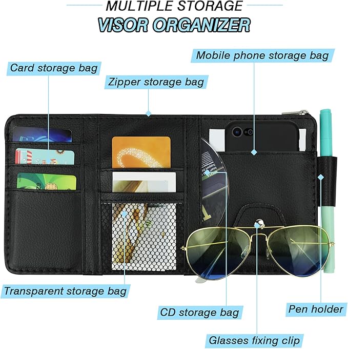 Car Sun Visor Organizer, Leather Pocket Organizer Sunglass Holder for Car Interior Accessories with Multi-Pocket Net Zipper (2 Pack Black)