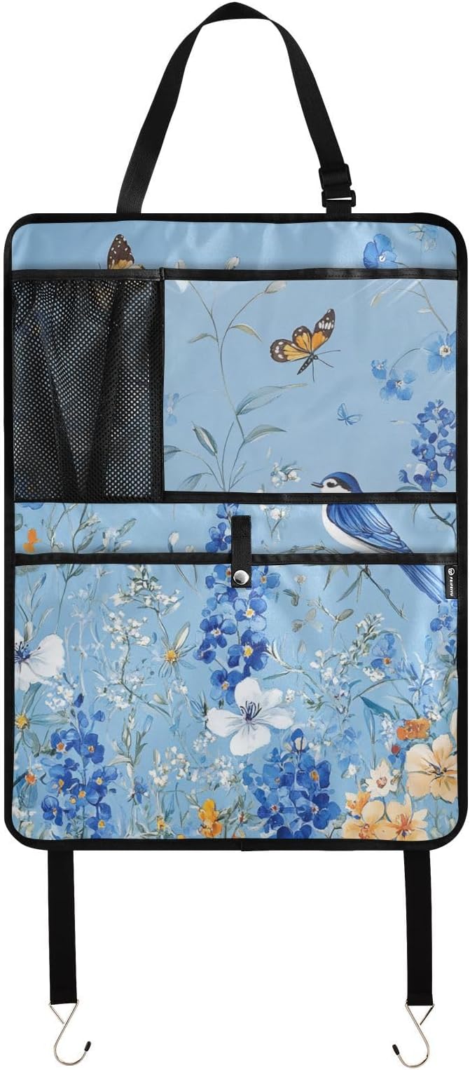 Light Blue Floral Bluebonnet Butterflies 1 Pack Backseat Car Organizer with Storage Pockets Seat Back Organizers for Kids Kick Mats Backseat Protector Automotive