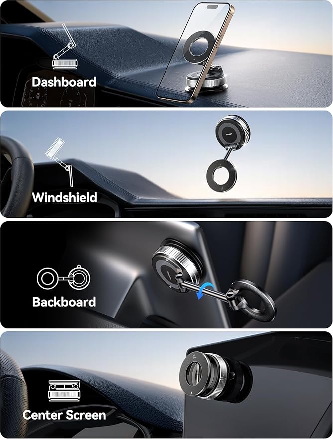 JOYROOM Magsafe Car Mount, Vacuum Car Phone Mount with Strong Magnet, 360° Metal Strut Suction Cup Phone Mount for iPhone 17 Pro Max/16 15 14 13 12 Series& Android Magsafe Case,Silver