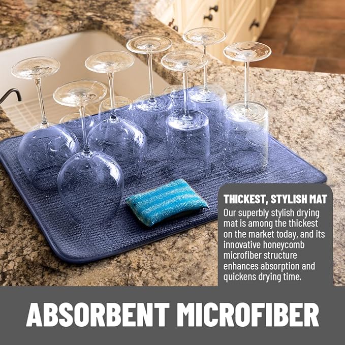 Bellemain XXL Dish Mat Microfiber Dish Drying Mat, Super absorbent (16" x 18", Navy)