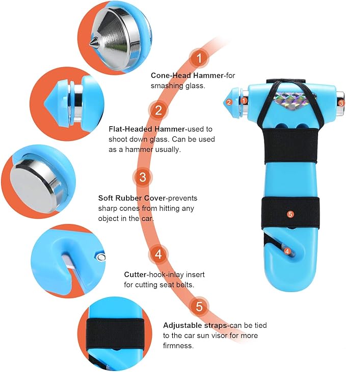 THINKWORK Car Safety Hammer for Teen Boy and Men's Gifts, Blue Three-in-One Emergency Escape Tool with Window Breaker and Seat Belt Cutter, Safety Emergency Car Escape Tool for Family and Children