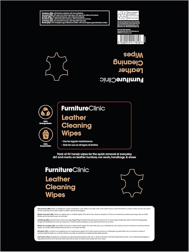 Furniture Clinic Leather Cleaning Wipes | 80 Count | 4-in-1 Clean, Nourish, Condition, & Restore Leather & Vinyl Furniture, Handbags, Jackets, Car Seats, Interiors & More | Residue & Streak-Free