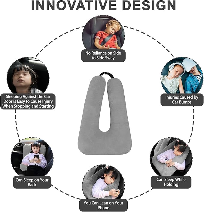 Car Pillow for Kids – Comfort Travel Pillow for Car – Soft Cotton Support Cushion for Children and Adults on Long Trips (Gray)