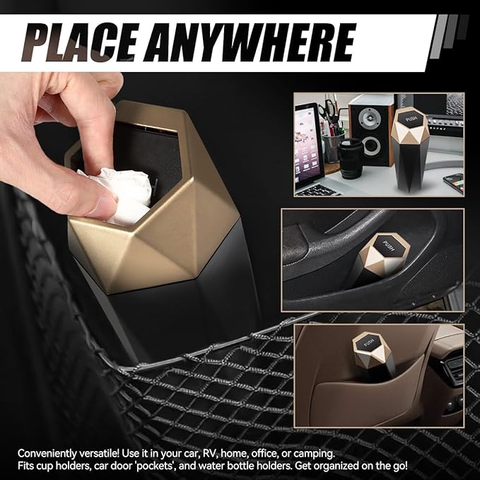 Auto Dynasty Car Trash Can with Lid, Pack of 2 Compact 3" Garbage Bins Bottle Holder, 0.5L Capacity Car Interior Storage Organizer Container for Home Office, Gold