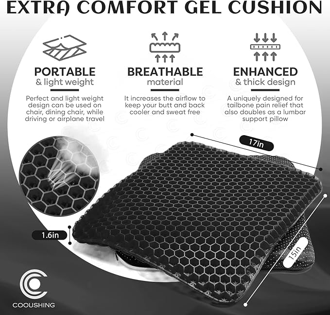 Gel Seat Cushion, for Long Sitting -Double Thick Gel Seat Cushion Breathable Honeycomb Chair Cushion with Non-Slip Cover for Office Chair Car, Wheelchair, Long Trips,Relief Sciatica Pain