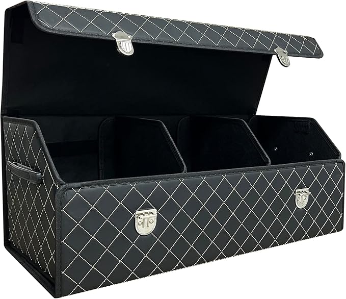Trunk Organizer for Car With Lid,Foldable Trunk Organizer for SUVs & Sedans,Multi-Functional Leather Storage Box - Black Grid - Large