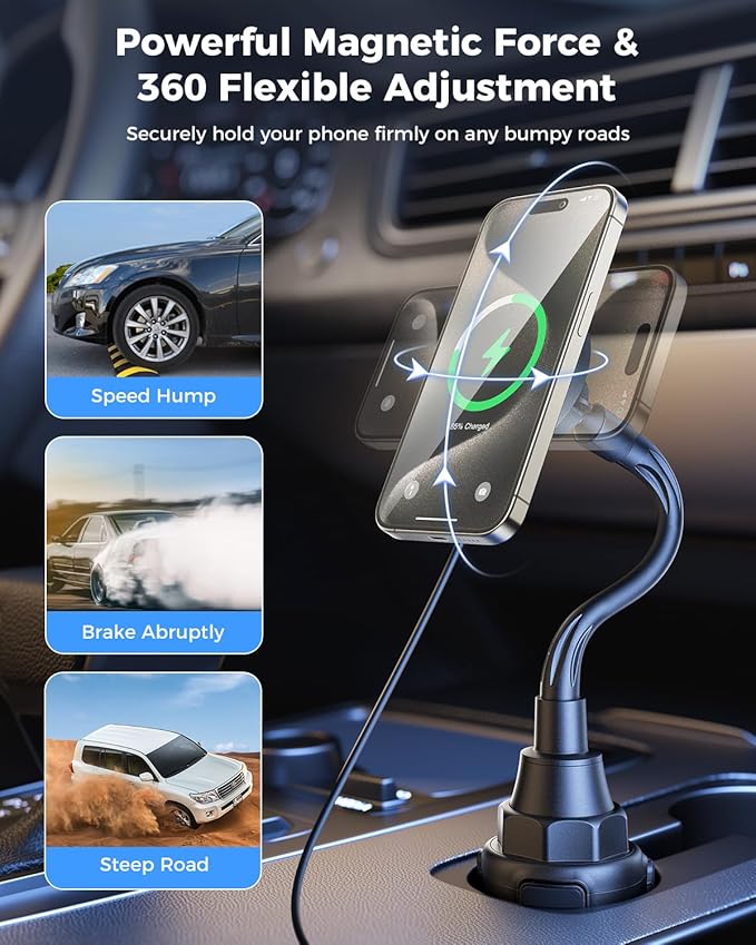 SUPERONE 2026 Upgraded for MagSafe Cup Holder Charger, MagSafe Car Mount Charger 15W Fast Charging with Adjustable Gooseneck for iPhone 17 16 15 14 13 12 Pro Max Plus Mini MagSafe Case