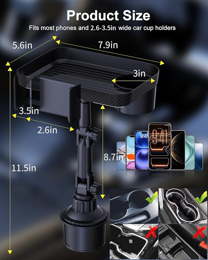 3 in1 Car Cup Holder Expander with 360° Rotation Phone Mount, Multifunctional Car Food Tray for Eating, Drinking, and Phone Mounting, Ideal for Travel, Auto, Trucker & Daily Driving