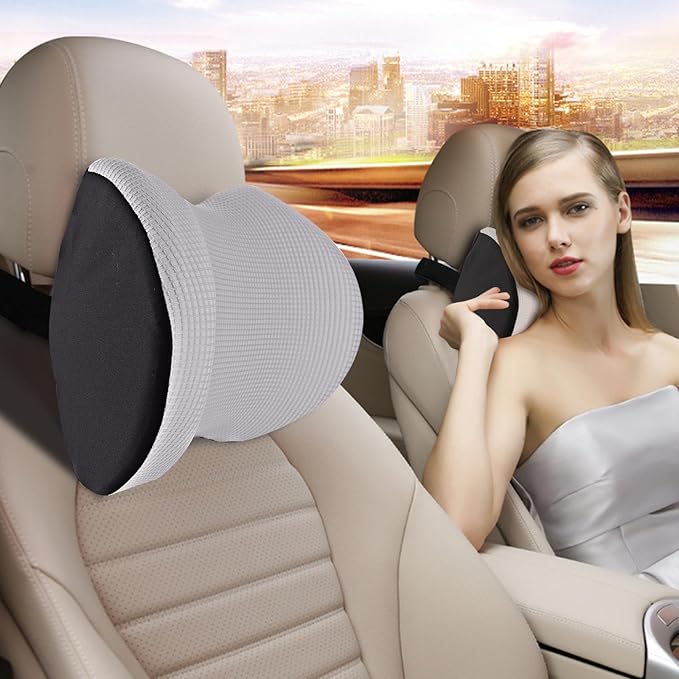 SPRFUFLY Cozy Car Headrest Pillow, Car Pillow for Driving with Adjustable Strap, Breathable Removable Cover & Ergonomic Design - Softness Travel Car Neck Pillow(Moonlight Silver, 1PC)