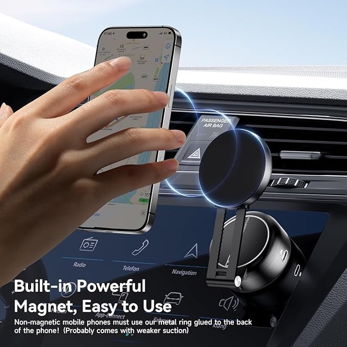 Electric Vacuum Magnetic Car Phone Mount,Vacuum Suction Car Phone Holder Hands-Free,Adjustable Foldable Magnetic Suction Cup Phone Mount,Strong Magnetic Car Mount for Smooth Surface(New-Siver)
