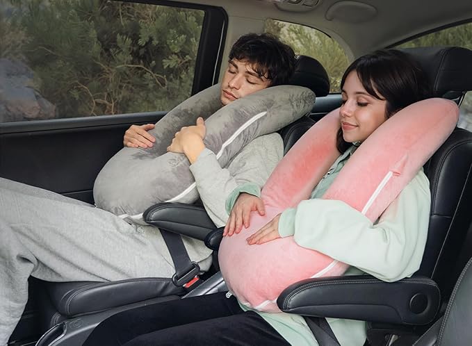 QUEEN ROSE Car Travel Pillow for Sleeping, Adjustable Head Support for Adults & Kids, Breathable Soft Neck Cushion for Road Trips, Machine Washable Cover, Grey