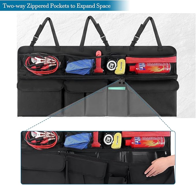 Car Trunk Organizer, Upgraded Version Expand Space Hanging Trunk Organizer with Adjustable Straps, Collapsible Waterproof Cargo Storage, Sturdy Space Saver Frees Trunk Floor for SUV, Truck