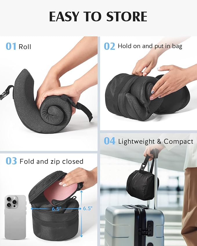 YFONG Travel Pillow for Long Flight Airplanes, Head Strap Combo with 3D Contoured Eye Mask for Sleep, Neck Pillow for Car Trip Essential, 360° Support Memory Foam Headrest, Prevent Head Bobbing, Pink