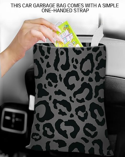 Car Garbage Can, Hanging Car Trash Can Bag for Accessories, Vehicle, Travelling, Camping, Back Seat Organizer, Luxury Black Leopard