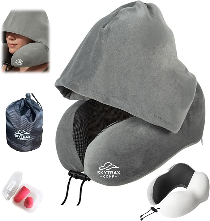 Travel Pillow with Extra Large Hood for Airplane Long Flights Privacy and Comfort Memory Foam with Velvet Cover for Road Trip Head&Neck Support for Plane Office Cars Sleeping & Rest (Light Grey)