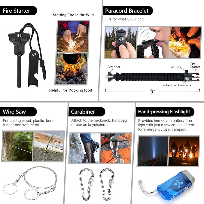 Emergency Survival Kit, 151 Pcs Survival Gear First Aid Kit, Outdoor Trauma Bag with Tactical Flashlight Knife Pliers Pen Blanket Bracelets Compass for Camping Earthquake or Adventures