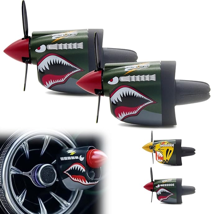 P-40 Fighter Car Air Vent Decoration with Spinning Propeller, Vintage P40 Warhawk Air Freshener, Dashboard Decorations for Auto Interior Decor Gift (2 Pcs Green)