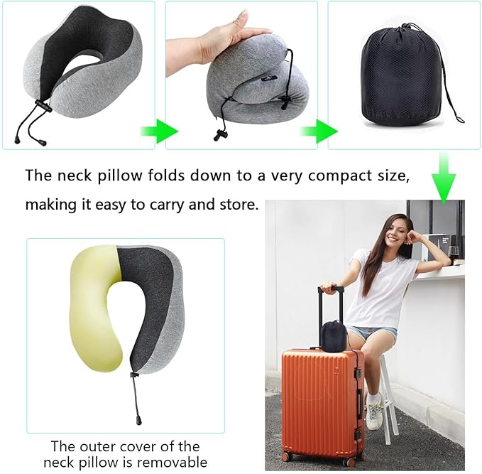 Travel Neck Pillow | Memory Foam Neck Pillow, New Portable U-Shaped Pillow with Neck Support, Breathable & Washable Cover, Compact for Plane, Office, Bus, Train, Sofa, Nap–Includes Storage Bag