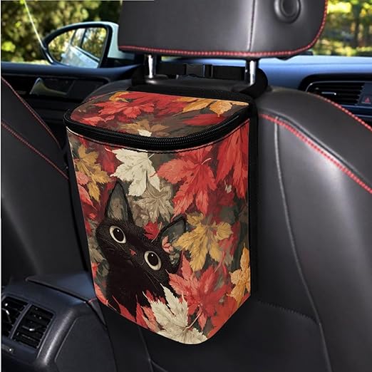 1.2 Gallons Trash Can for Cars SUV, Autumn Leaves Black Cat Backseat Driver Garbage Bag for Car, Adjustable Hanging for Tail of Console/Back of Seats, with Zipper Leak-Proof Lid Design