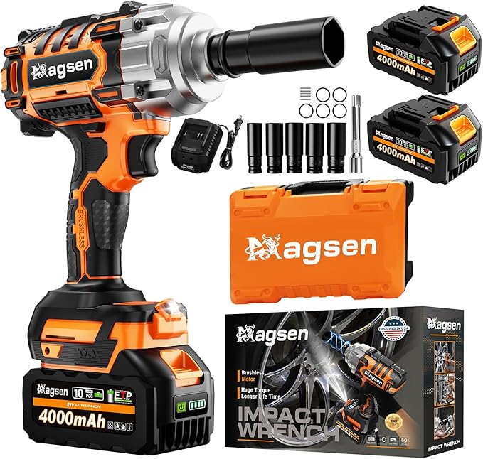 1000N.m/737Ft-lbs Brushless Impact Wrench,1/2" Cordless Impact Gun / 2x4.0Ah Battery & 6 Sockets, 3500RPM Power Electric Impact Driver for Car/DIY Furniture/Lawn Mower, Orange Toolbox
