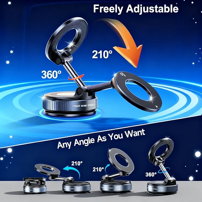 Strong Magnetic Car Phone Holder for MagSafe with Vacuum Suction Cup, Foldable and Retractable, 360° Rotation Phone Mount for iPhone 12 13 14 15 16 17 and Android Smartphones, Black