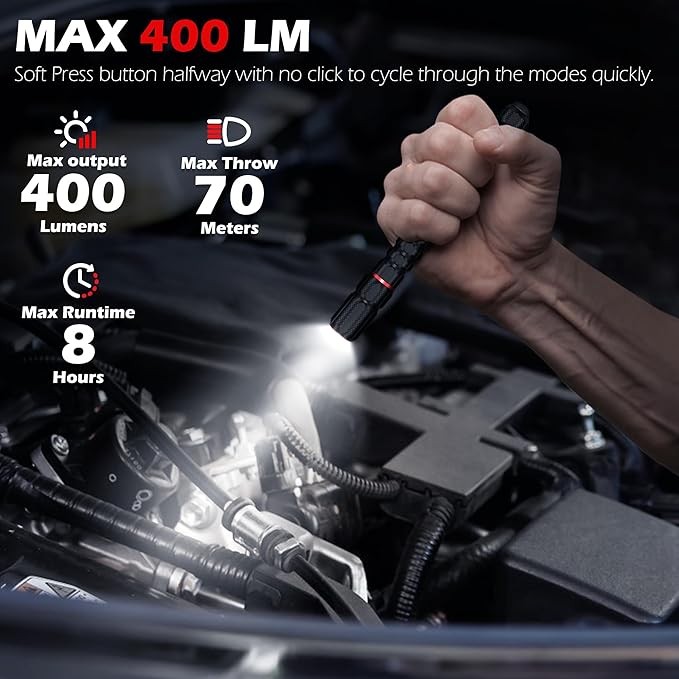 FORTO Rechargeable Pen Light Flashlight, 400 Lumens Small Pocket Flashlight with Clip, IP67 Waterproof, 2 Light Modes, 3-Color Battery Indicator, Type-C Charging, for Inspection,Emergency（1 Pack）