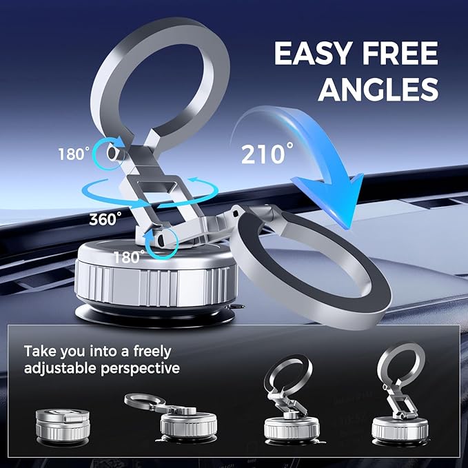 Reinforced Vacuum Magnetic Strong Suction Car Phone Holder,360 Adjustable Car Truck Mount for Magsafe iPhone 17 Pro Max 16 15 14 13 12 Air Plus,Magnet Cell Phone Ring Stand Tripod Automobile Cradles