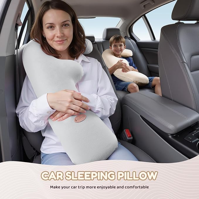 FLORICH Memory Foam Kids Travel Pillow, Car Sleeping Pillow, F-Shape Car Pillows for Adults and Children, Traveling Car Pillow for Kids with Removable Pillowcase (Grey)