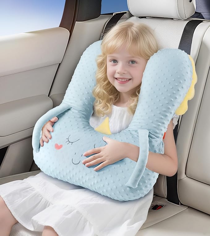 BEBAS U-Shaped Kids Travel Pillow for Car, Road Trip Essentials, Soft Neck Support for Long Trips, Adjustable Strap for Car Seats Airplane, Great Gift Idea (Blue Unicorn)