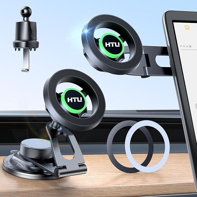 HTU 2026 Upgraded Car Phone Holder for Magsafe Magnetic Car Phone Mount [360° Adjustable 99LBS Ultra Suction] Cell Phone Holders for Tesla Cars/Gym/Mirror Mount for iPhone & Android (Black)