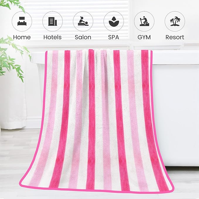 JML Microfiber Bath Towels, Bath Towel 2 Pack(30" x 60"), Oversized, Soft, Super Absorbent and Fast Drying, Multipurpose Use for Sports, Fitness, Yoga, Cabana Stripe Pink