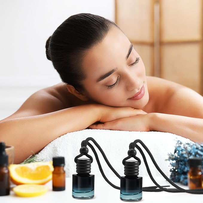 Domensi 70 Pieces Hanging Car Diffuser Air Freshener Bottle Bulk Empty Glass Refillable Perfume Bottles Oil Diffuser Aromatherapy Pendant for Auto Interior Ornaments Decor (Black)